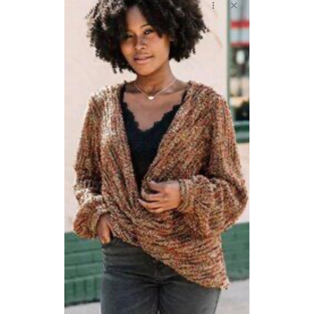 Blu‎ Pepper Nubby Surplice Twist Front Popcorn Knit Sweater Brown Orange Small